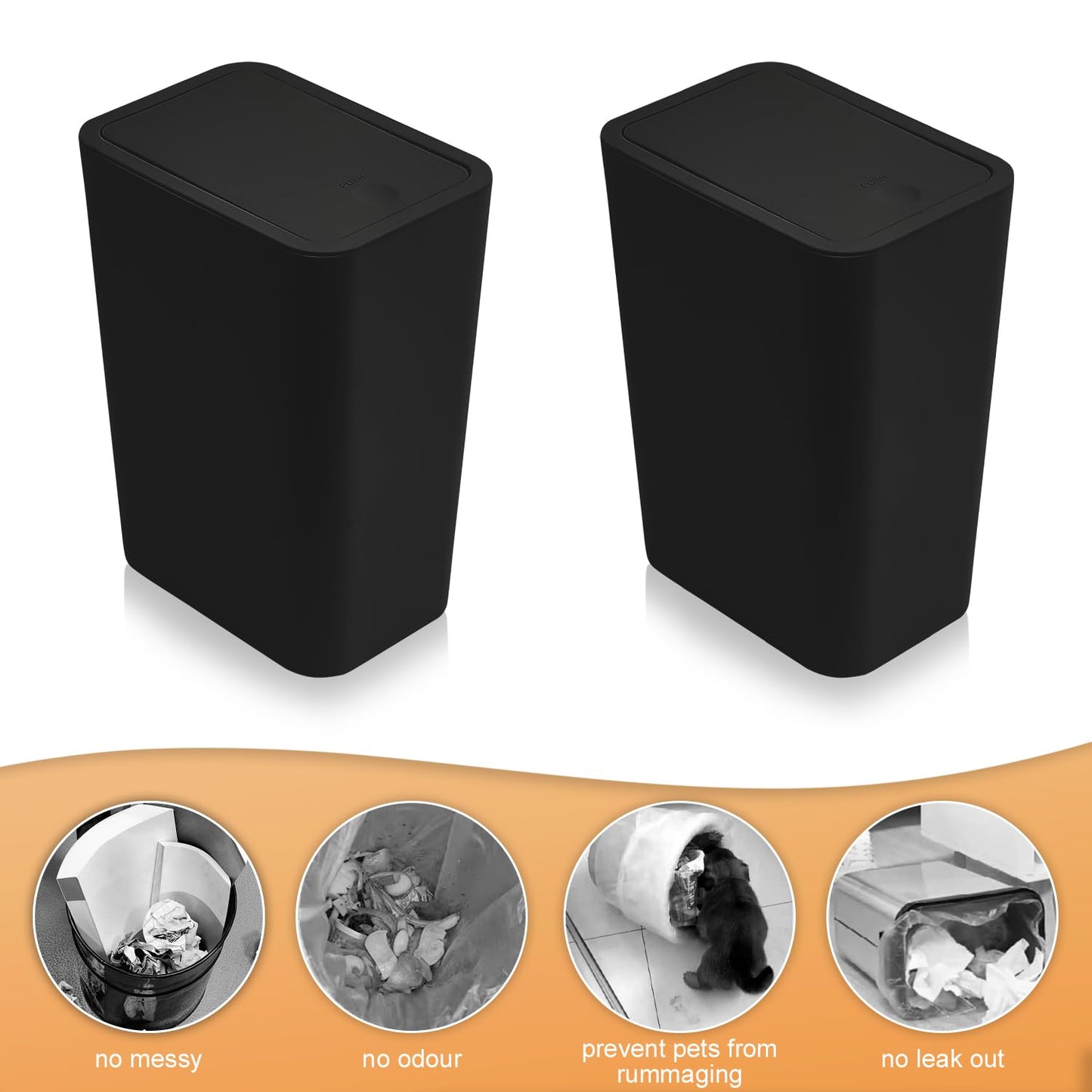 3pcs 9L Touch Top Bathroom Bin - Slim Plastic Trash Can with Lid for Bedroom, Kitchen, Office, Living Room and Toilet - Dog-Proof Narrow Design