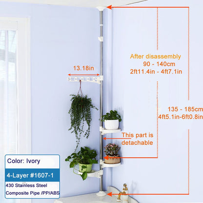 BAOYOUNI Indoor Plant Pole Stand Tension Rod Hanger Window Sill Flower Display Rack Holder Adjustable Corner Vertical Storage Organizer with 3 Trays &