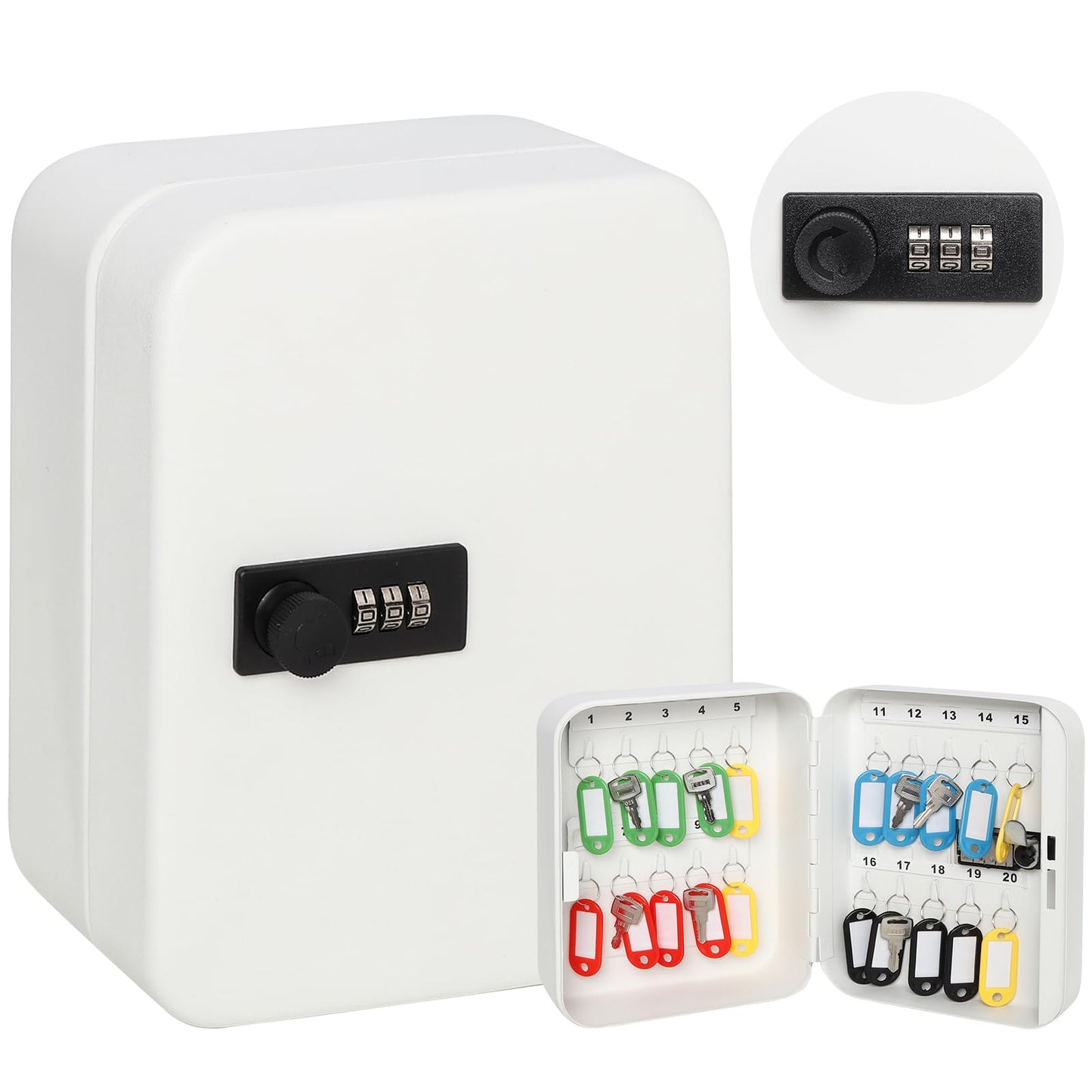 Parrency Combination Lock Key Box with 20 Hooks, Large Wall Mount Combination Lock Cabinet, 7 4/5" x 6 3/10" x 3" (Key Tags Included)