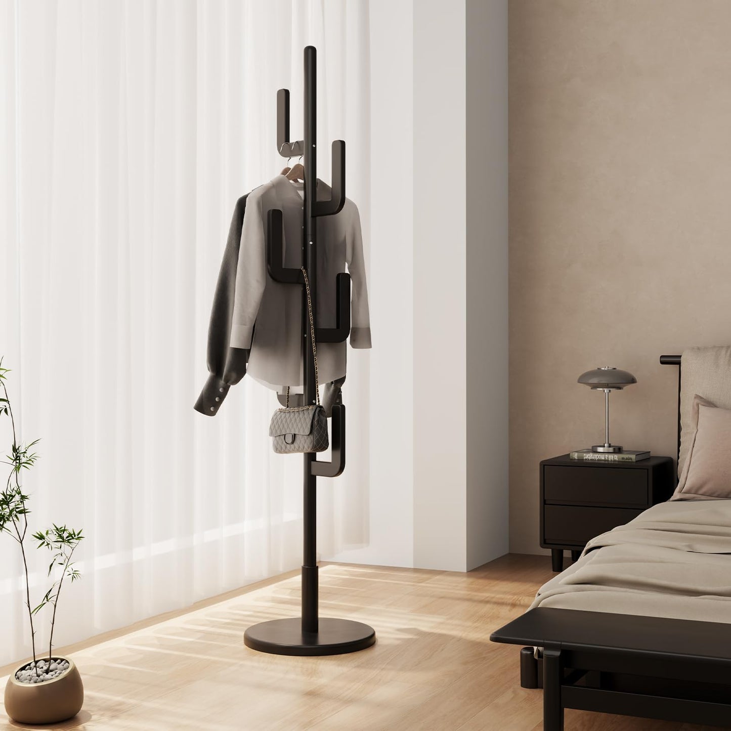 AQIMUELE Coat Stand, Woodem Coat Rack Stand - Cactus Design with 6 Hooks, Sturdy and Easy Assembly for Hallway Entryway, Hat Stand for Clothes (Black)