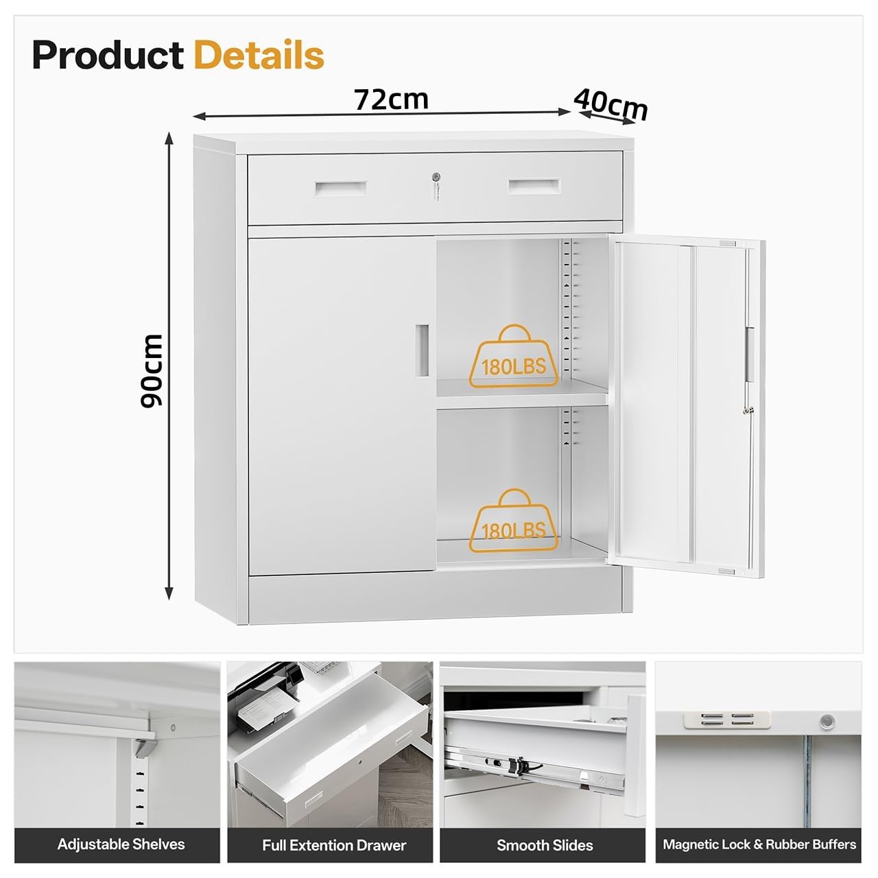 Metal Storage Cabinet, 90cm Locking Storage Cabinet with Doors, Steel Storage Cabinet with 1 Drawer and Adjustable Shelf for Garage, Home, Office