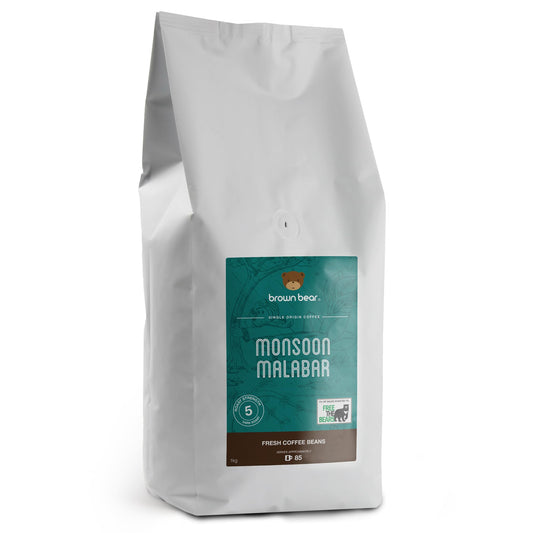 Indian Monsoon Malabar Strong Aged Coffee Beans 1kg - Dark Roast - Strength 5 - Brown Bear India Coffee - Suitable For All Machines - Donation to Free
