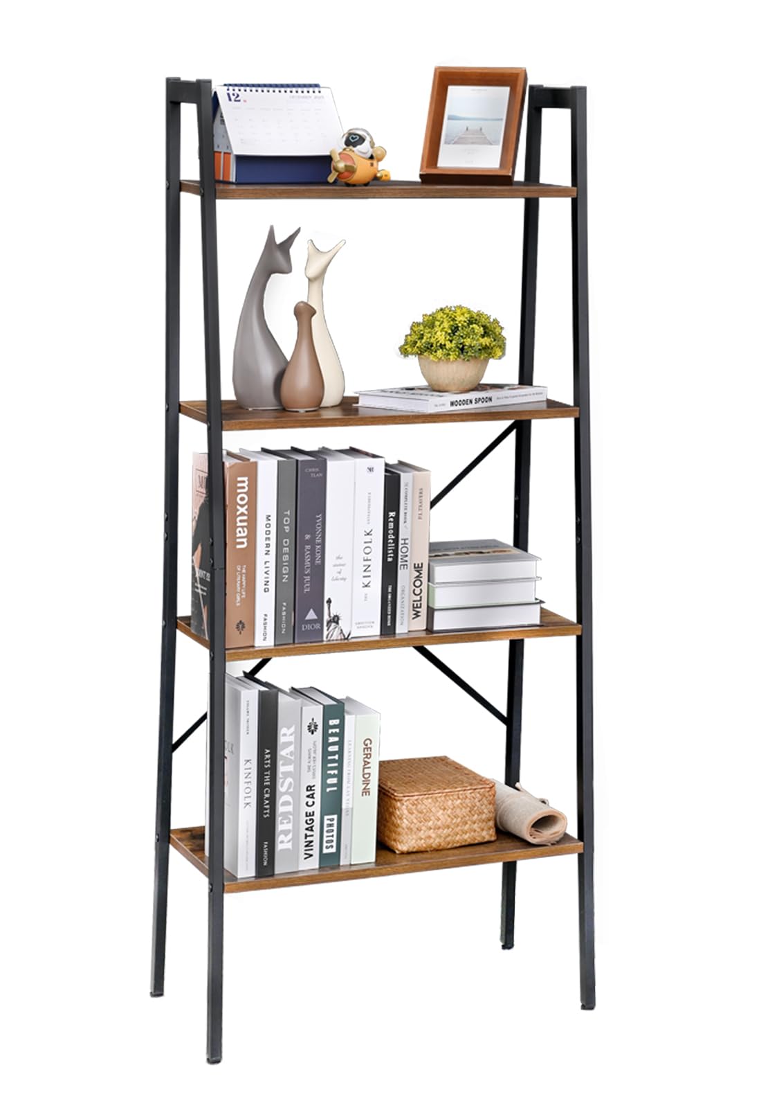 H JINHUI 4-Tier Ladder Shelf, Bookshelf, Living Room Bookcases, Plant Stand, Industrial Style Vintage Storage Shelves for Living Room, Home Office