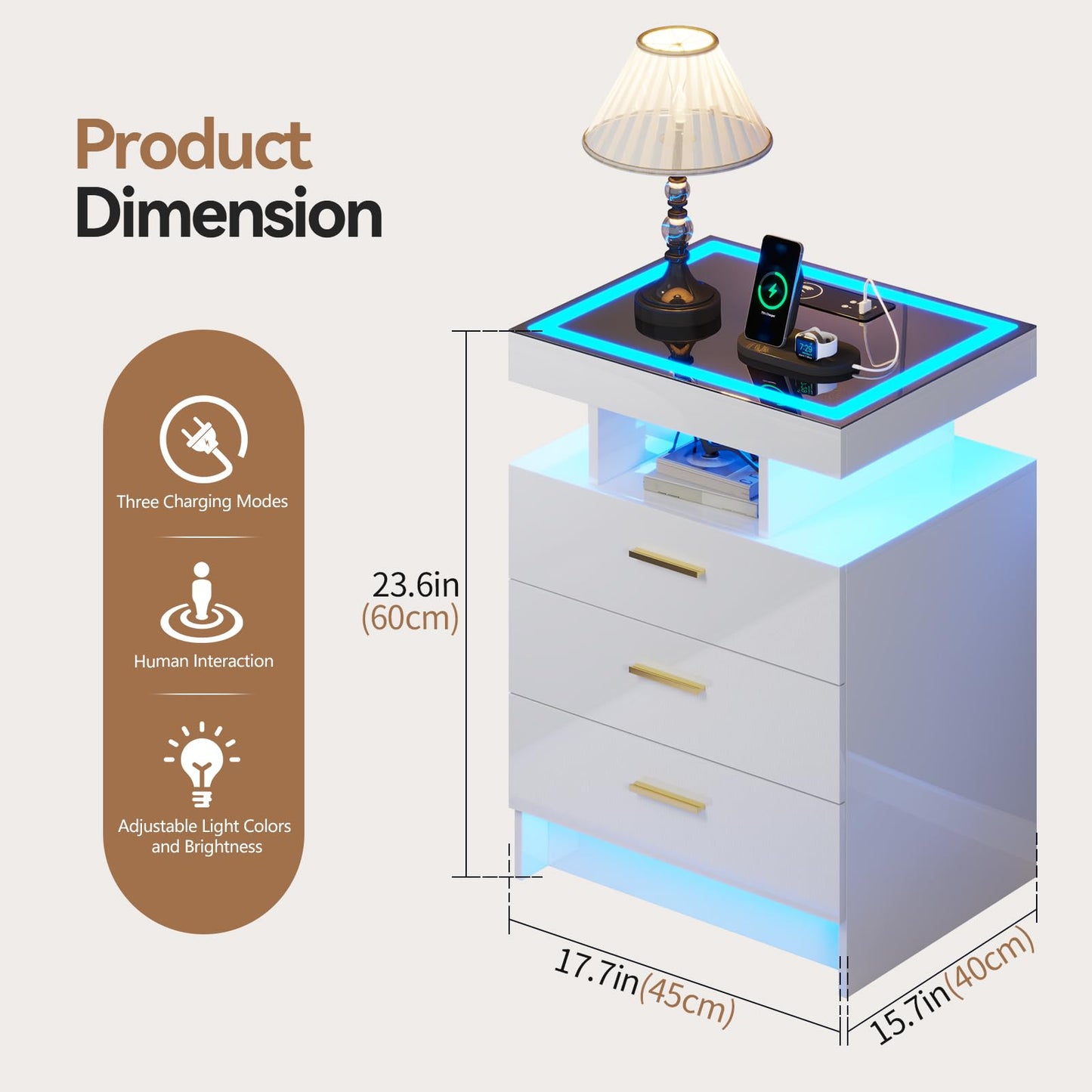 Gurexl LED Bedside Table with Glass Top and 3 IN 1 Charging Station,White