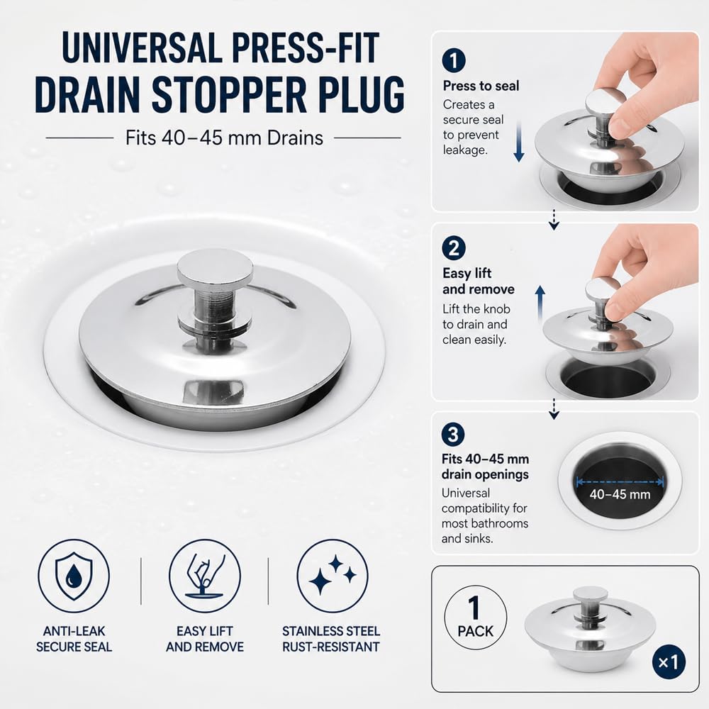 Bath Plug 40-45mm Hole, Stainless Steel Bathtub Plug with Anti-Leak Seal, Secure Fit Drain Stopper Replacement, Durable Easy-Use Plug for Tub and Sink