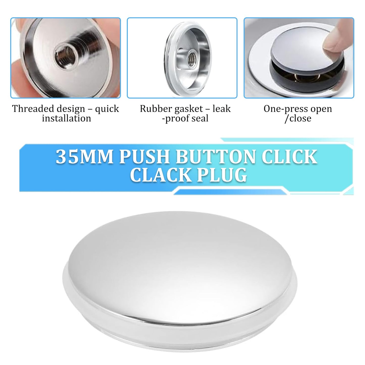 35mm Push Button Pop Up Sink Plug Replacement, Bathroom Sink Plug Click Clack Plug for 36mm Drain Hole with 37.2mm Washer