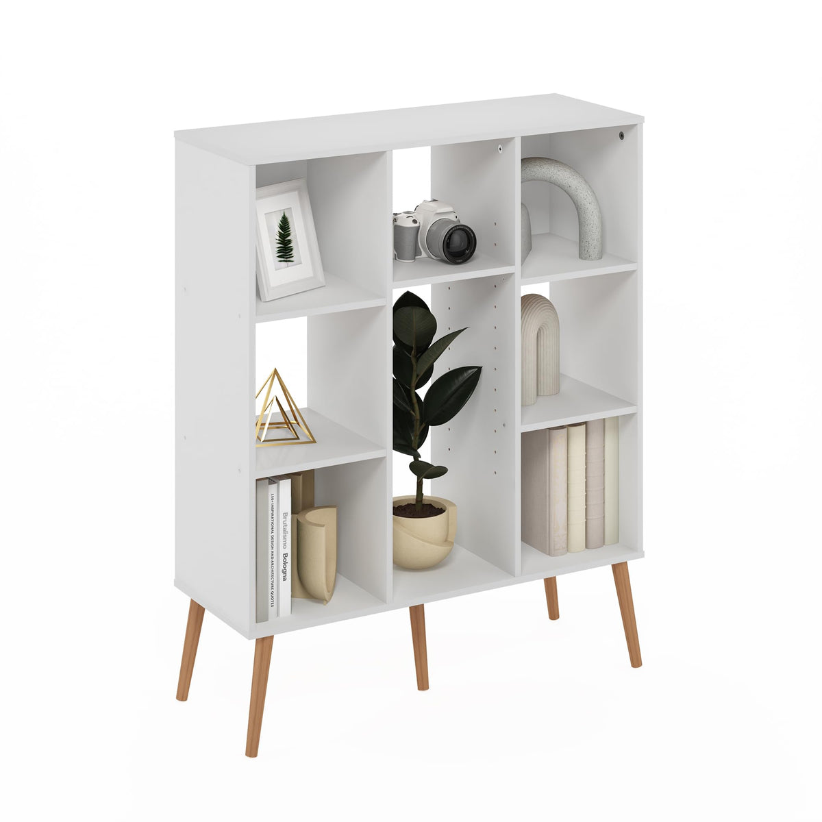 Furinno Claude Mid Century Style 8-Cube Bookcase, Bookshelf, Storage Organizer with Wood Legs, White