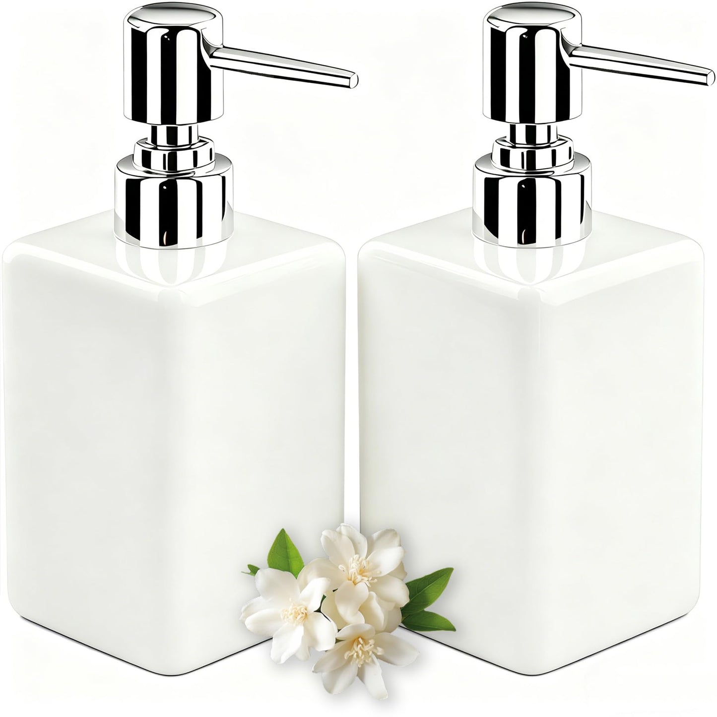 2PSC White Ceramic Soap Dispenser - 320ml/11oz Square Design with Long Spout & Rustproof Pump, Refillable for Shampoo/Liquid Soap