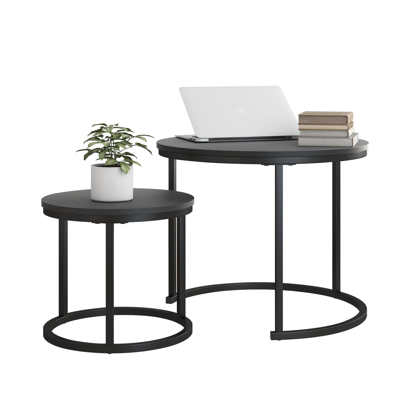 HOJINLINERO Small Round Nesting Coffee Table Set of 2 with Metal Frame and Wood Top, Modern Stacking Side Table for Living Room, Bedroom, Office