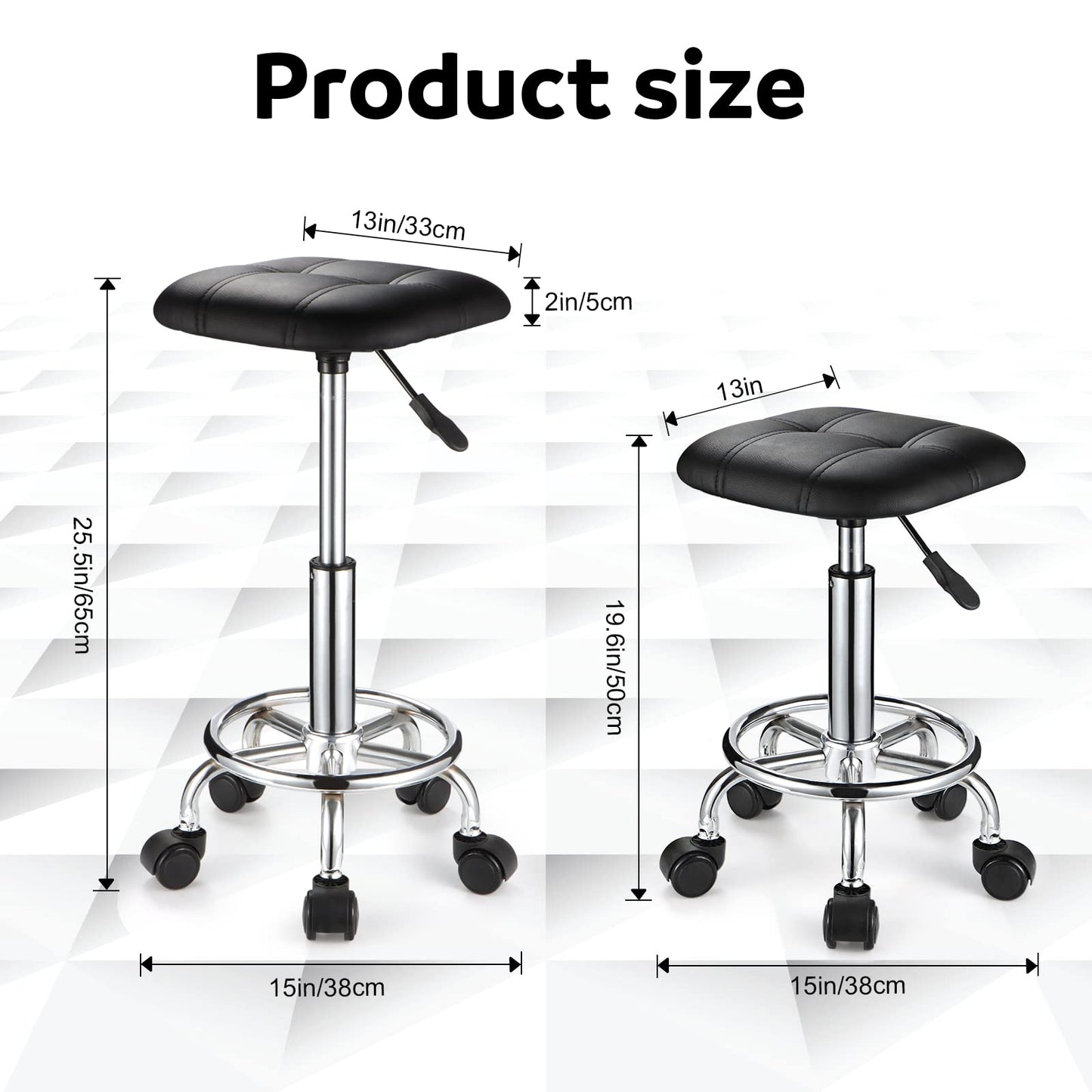 FNZIR Square PU Cushion Rolling Stool with Wheels Height Adjustable Swivel Stools Chair Black