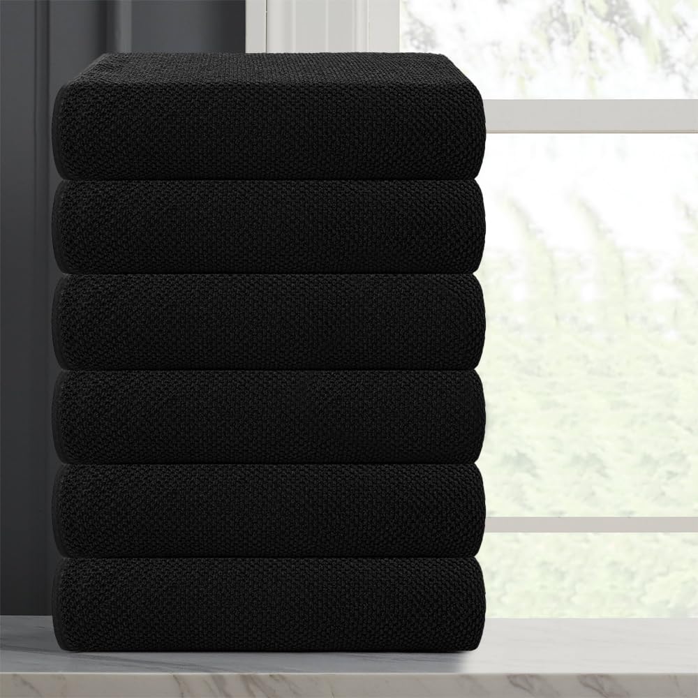 CASA COPENHAGEN Popcorn Textured 6-Piece Small Bath Towel Set - Black, 550 g/m², 6-piece small bath towels, cotton towels for rough and tough use
