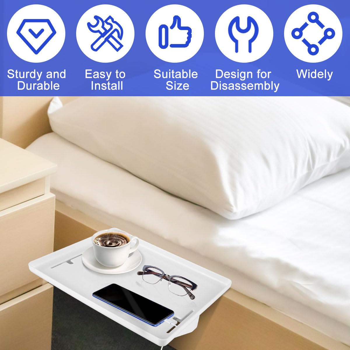 Bedside Shelf for Bed Bedside Storage Tray Heavy-Duty Detachable Bed Shelf Clip On Nightstand Tray Multifunctional Dorm Room Table Caddy Space Saving