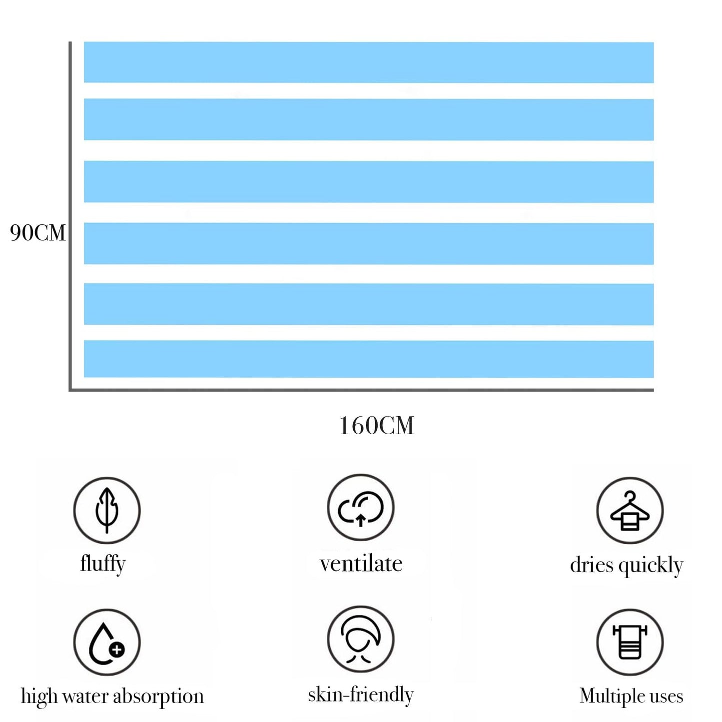 Large Quick Dry Microfibre Beach Towels for Adult,160X90cm Double Side Baby Blue Stripe Bath Towel Travel Towels with Pocket,Lightweight Beach Towel