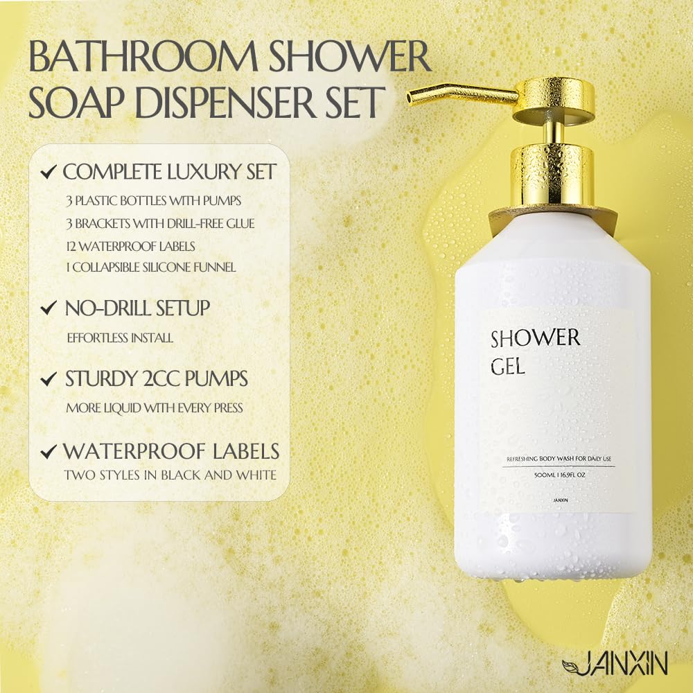 Janxin Pack of 3 Soap Dispensers, Wall Mounted, 500 ml, Wall Without Drilling, Soap Dispenser White, Detergent Dispenser for Kitchen and Bathroom