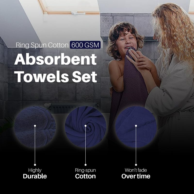DTEX HOMES 8 Piece Towel Set 100% Egyptian Cotton 500 GSM, 2 Bath Towels, 2 Hand Towels, 4 Washcloths - Navy Blue