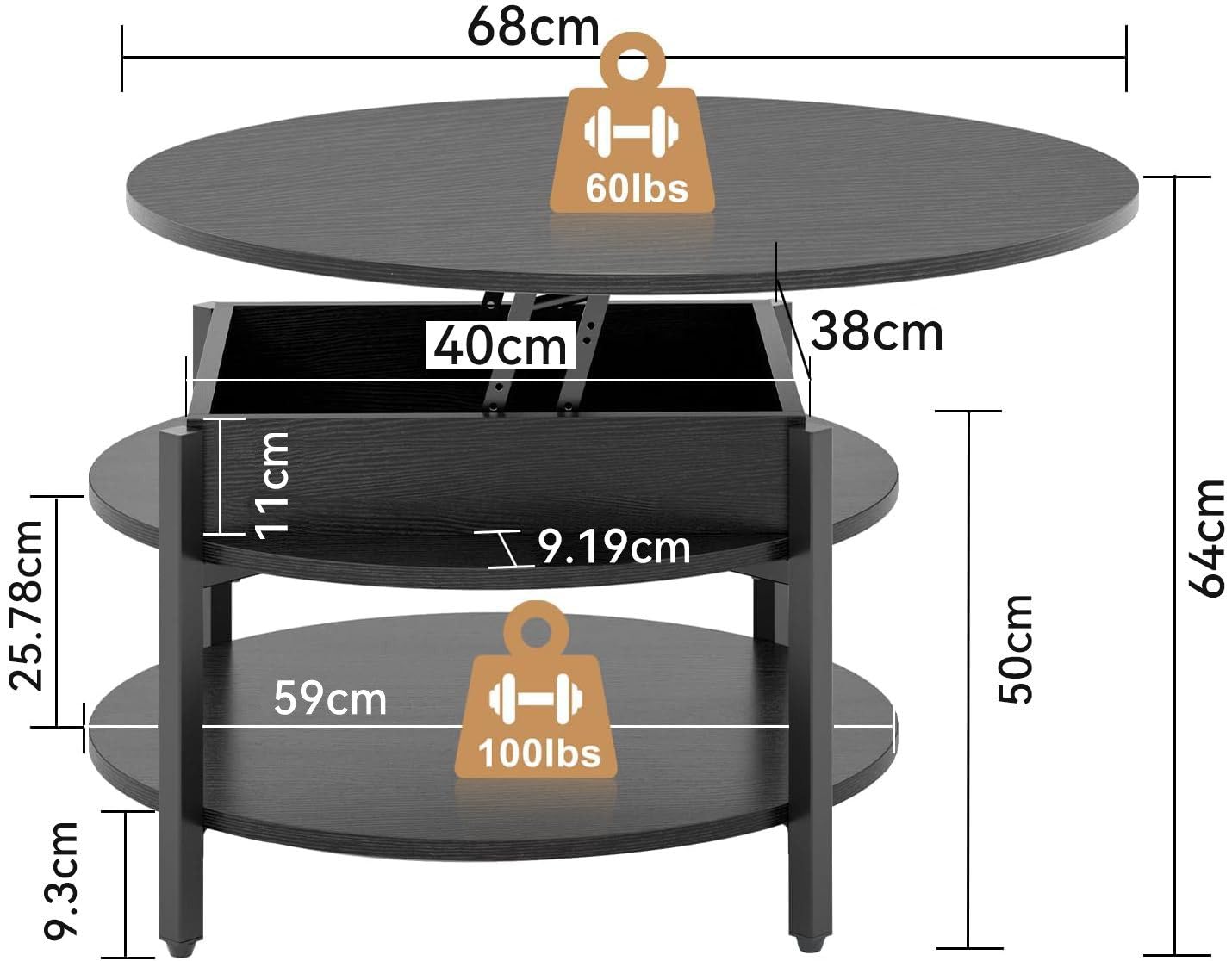 Mossora 68cm Black Round Lift Top Coffee Table with Hidden Storage