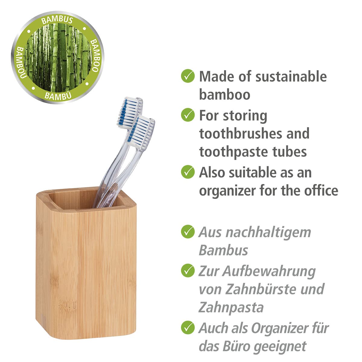 WENKO Bamboo Toothbrush Holder, Sustainable Bamboo Toothbrush Holder for Toothbrush, Tongue Cleaner and Toothpaste