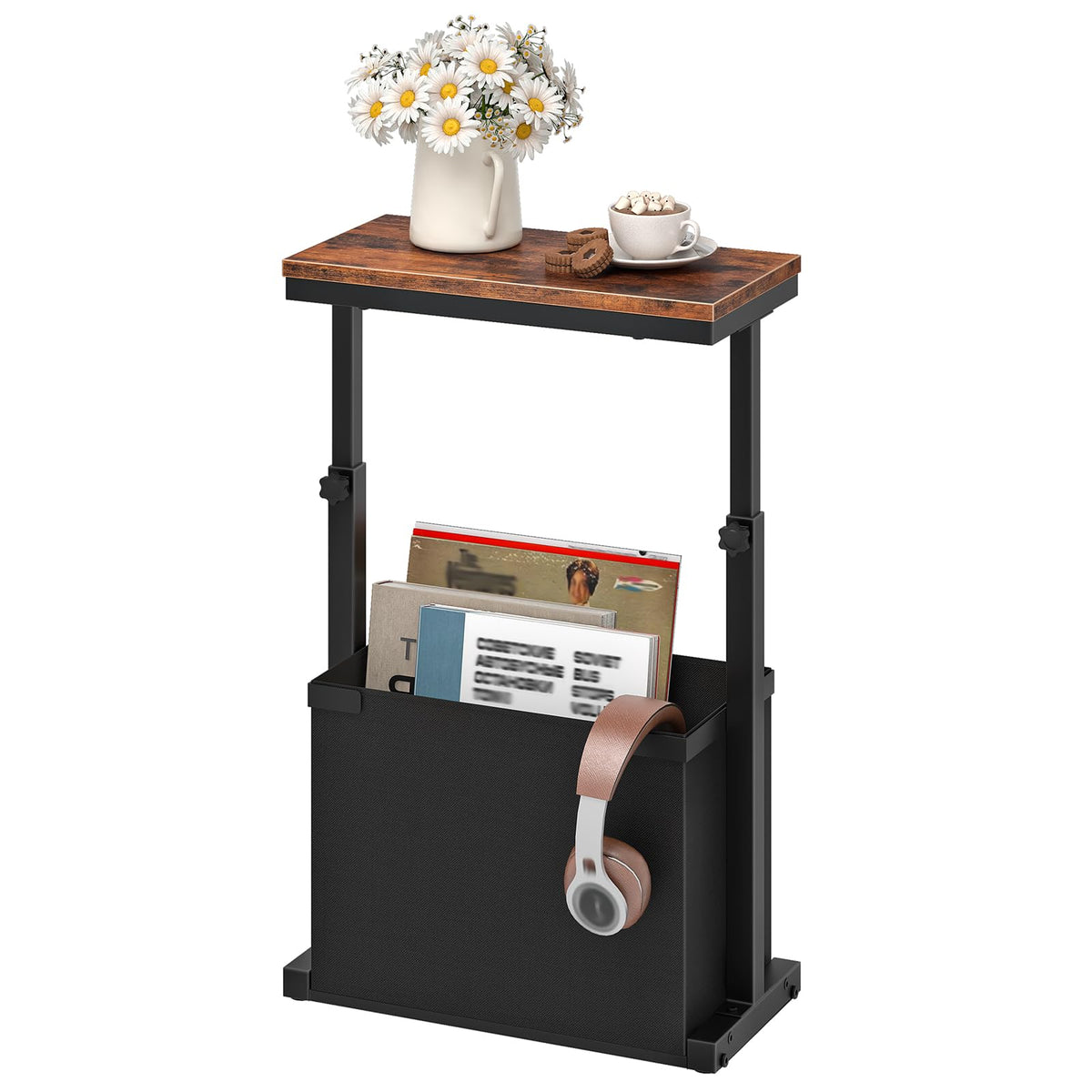 HOOBRO Narrow Side Table with Height Adjustable Feature, 2-Tier Small Bedside Table with Fabric Storage Bin, Slim Sofa Table for Living Room, Bedroom