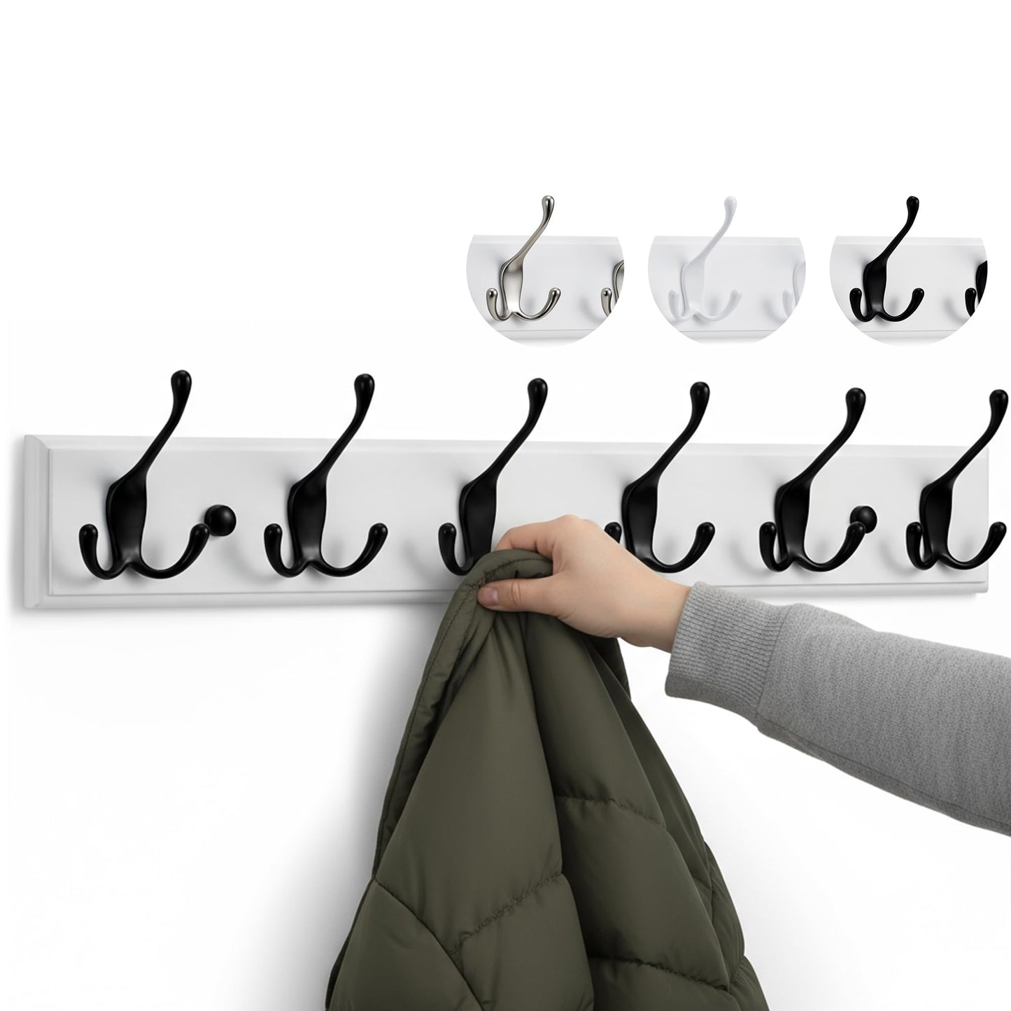 LARHN White Wall-Mounted Coat Rack - 6 Black Coat Hooks, 59cm