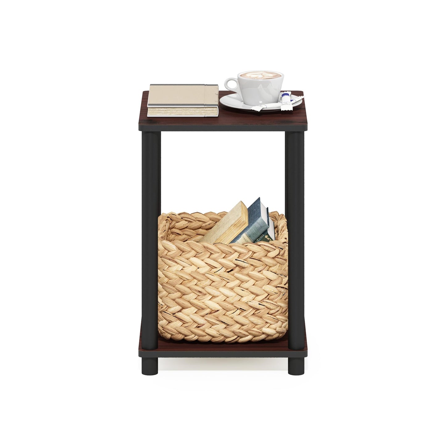 Furinno TURN-N-TUBE Side Table, 2-Tier End Table with Open Shelf, Toolless Night Stand, Bedside Table, for Living Room, Bedroom, Dark Cherry