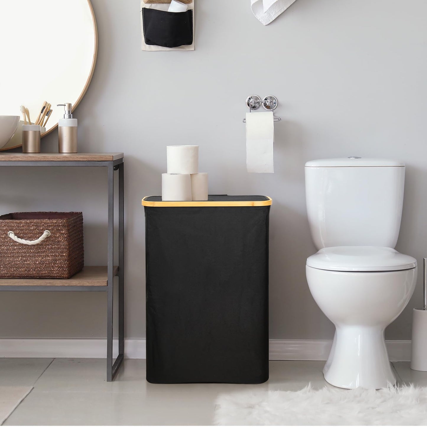 Toilet Roll Storage, 50L Toilet Paper Storage for up to 24 Rolls, Multifunctional Large Basket with Side Window, Bathroom Organizer Bin with Lid