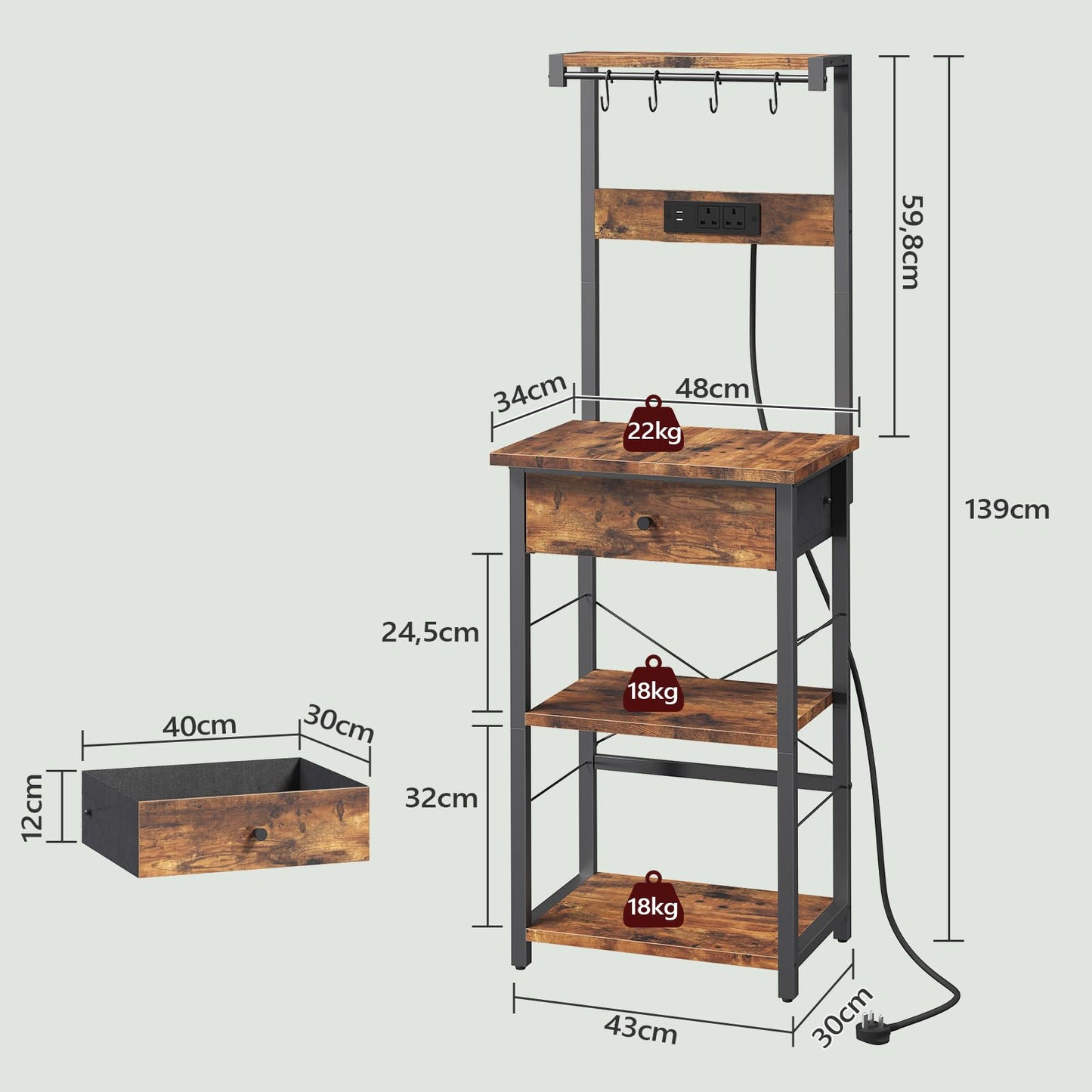 MAHANCRIS Bakers Rack, Microwave Stand, Coffee Bar Station, Kitchen Storage Shelf Rack with Drawer and Power Strip, 4 Hooks, for Kitchen, Living Room