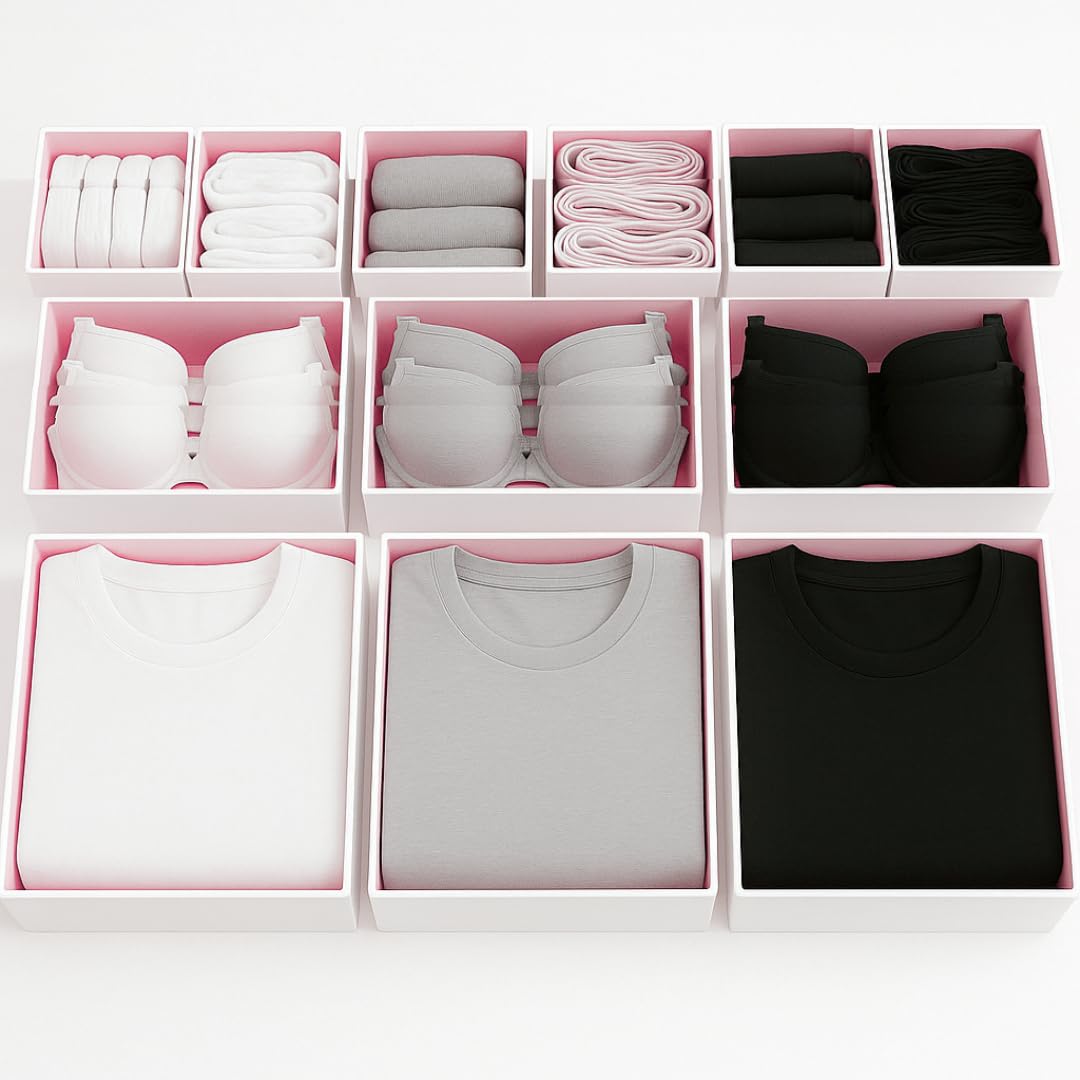 Bermondsey Division Set of 12 Drawer Organiser Pink Divider Drawer Dividers Clothes Storage Bedroom Drawers Wardrobe Organiser Storage Organizer