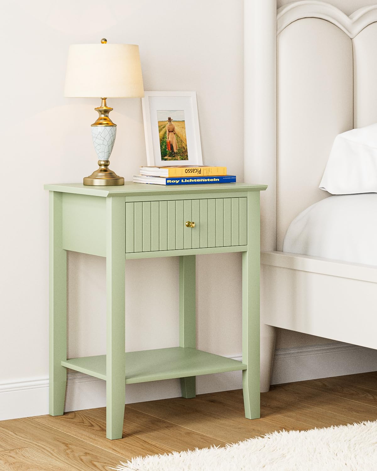 HEYZOEY Bedside Table Chest of 1 Drawer, Bedside Cabinet Wooden Nightstand, Modern Side Table for Living Room,Bedroom,Office,Green