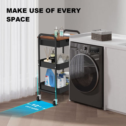Shrivee 3-Tier Kitchen Storage Trolley on Wheels and Drawer, All-Purpose Metal Uses Trolley for Office Salon Kitchen Bathroom OfficeBlack