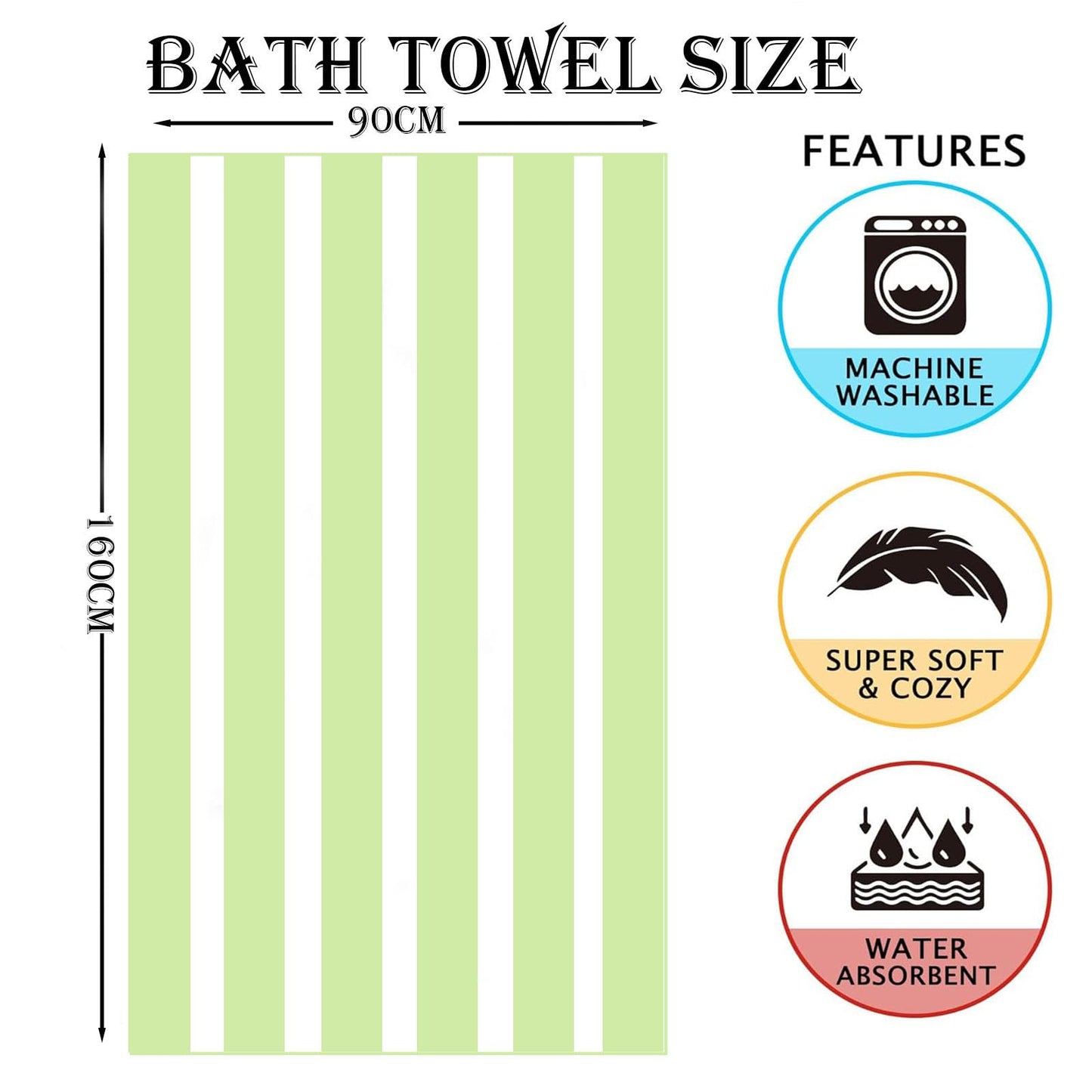 Large Thin Microfibre Beach Towel with Bag for Adult Men Women,160x90cm Green Stripe Beach Towels Quick Dry Sand Free Lightweight Swim Bath Towel for