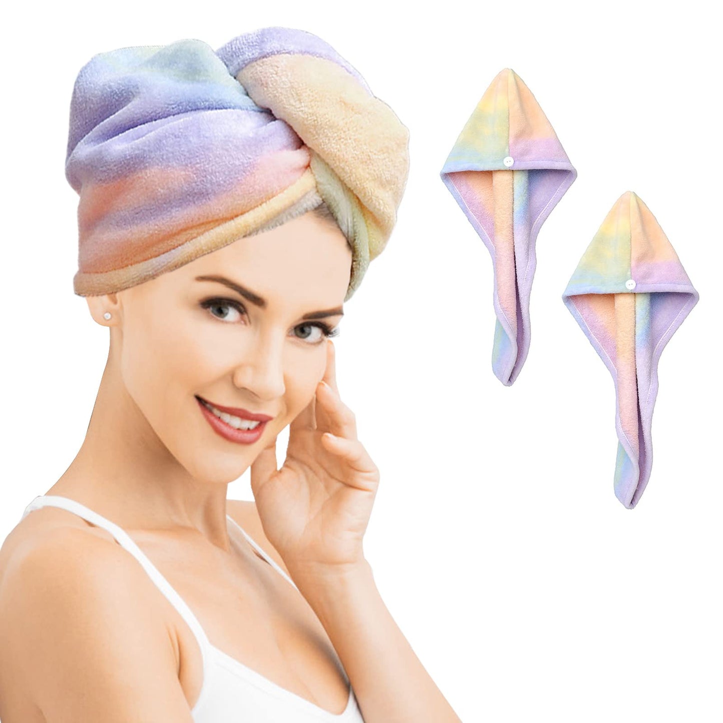 QKTYB 2 Pack Microfiber Hair Towel Wrap Rainbow Quick Dry Super Absorbent Twist Turban Drying Hair Caps with Button Dry Hair Hat for Women Girl,65 x