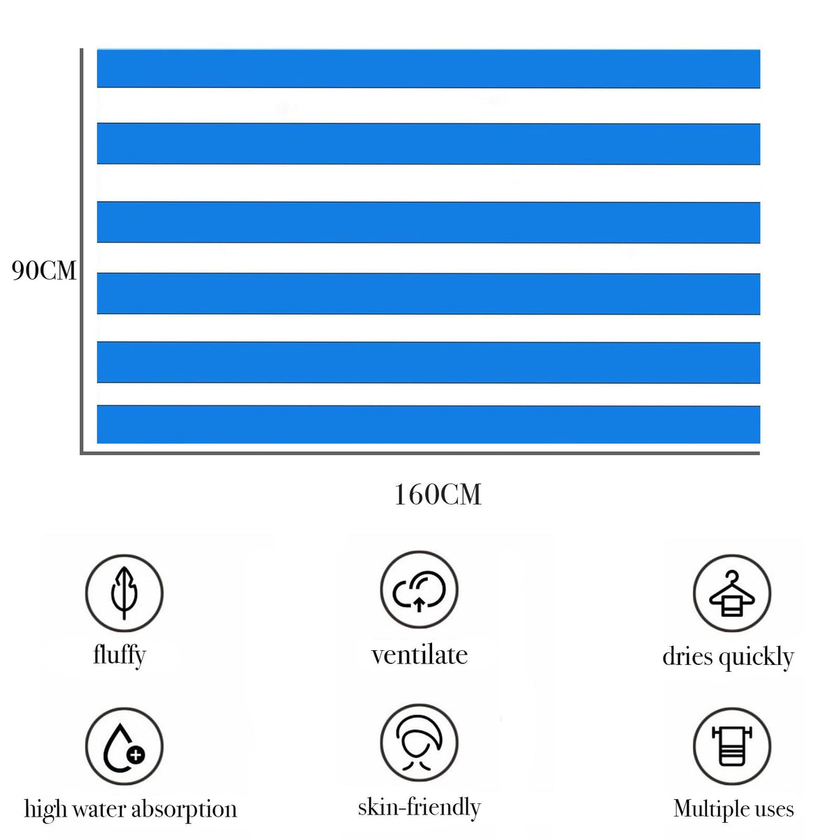 Large Quick Dry Microfibre Beach Towels for Adults,160X90cm Double Sides Blue Stripe Bath Towel Travel Towels with Pockets,Lightweight Beach Towel