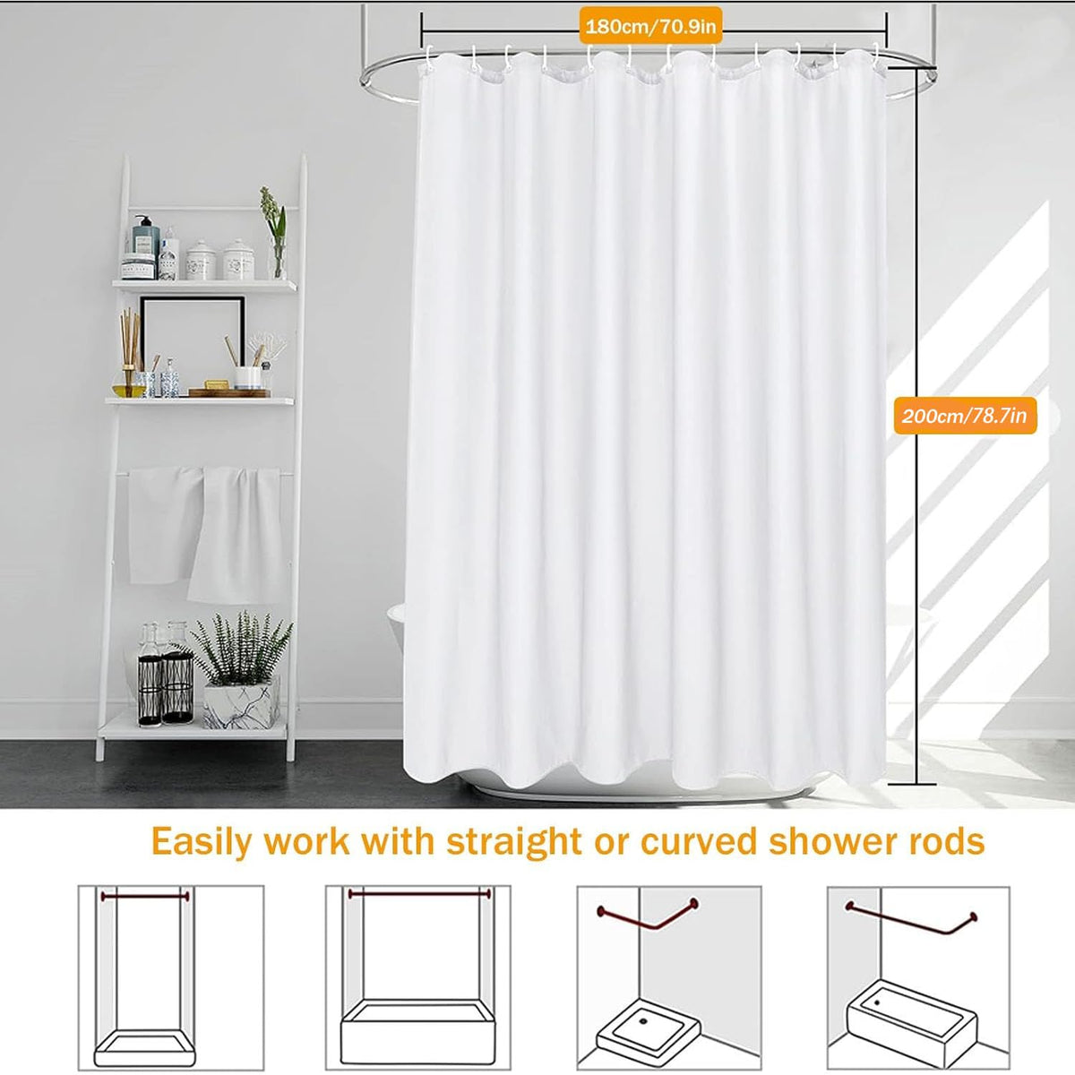 HUIBOHOU Shower Curtain - Solid Colour Fabric Shower Washable Curtain Mould Resistant and Water Repellent,180 * 200cm Mixed Grey, 180 * 200cm