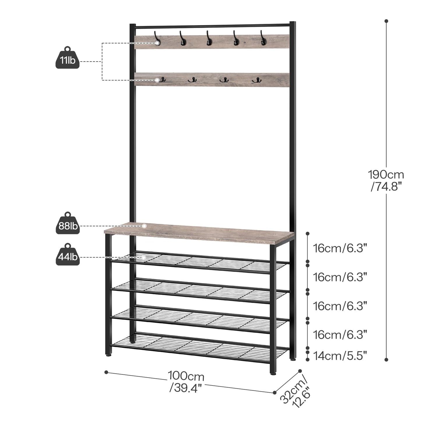 HOOBRO Coat Stand, Coat Rack with Shoe Storage, Free Standing Hall Tree with 9 Hooks, Shoe and Coat Rack for Hallway, Entryway, Metal Frame, Sturdy