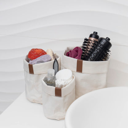 MOMO WAY Decorative Basket Bathroom Organiser Set of 3 Storage Boxes Fabric Baskets For Small Items As Towels and Cosmetics In 3 Sizes