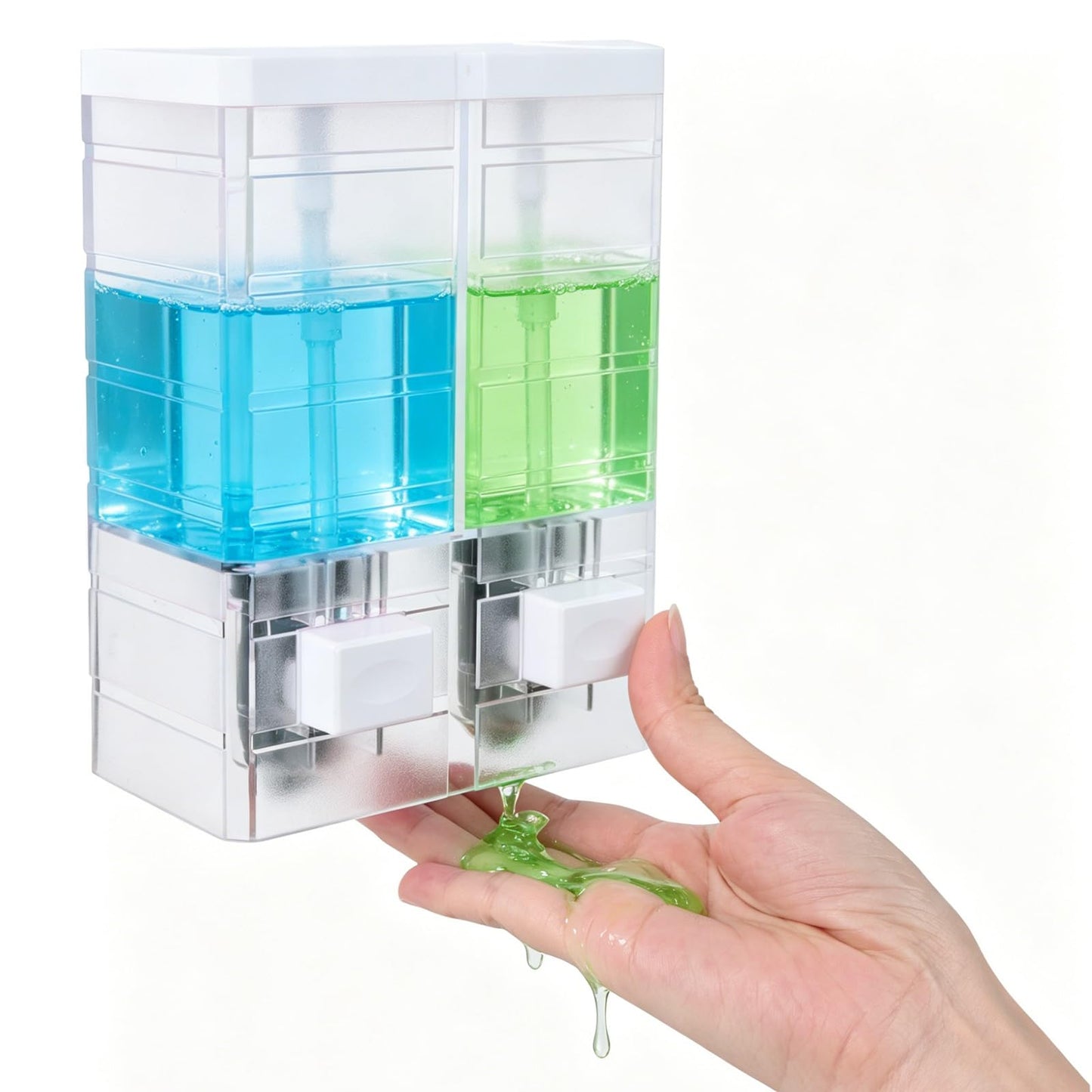 Sueving Soap Dispenser, 2 Chamber Wall Mounted Shampoo and Conditioner Dispenser, 500ML Shower Gel Dispensers for Bathroom, Kitchen (Clear)