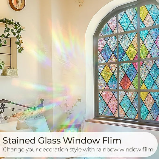 Beautysaid Rainbow Privacy Window Film: Stained Glass, No-Glue Frosted Window Film, Static Cling Film (Multicolor, 90x300cm