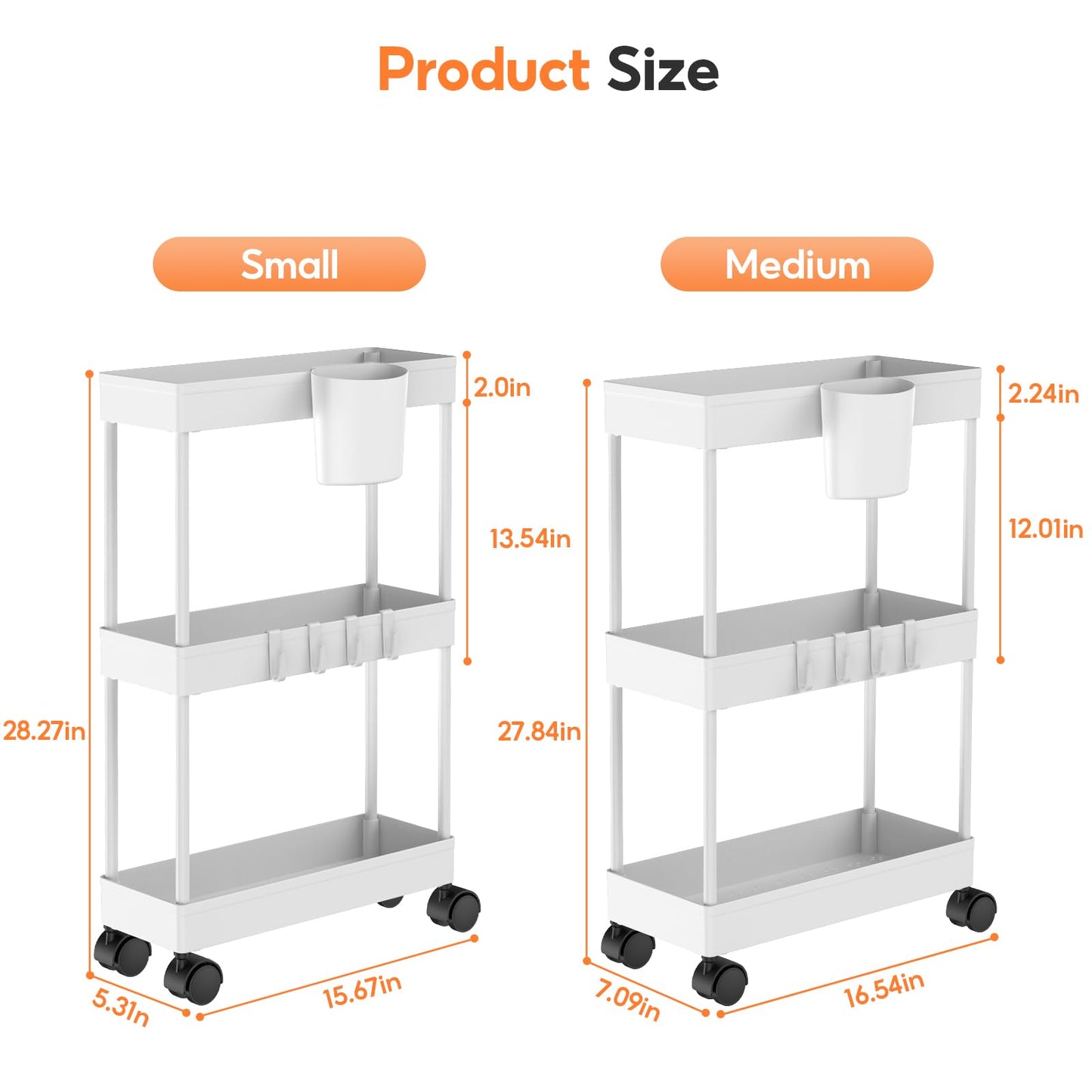 Shrivee Kitchen Cart with 3 Tiers, 2 Pack Narrow Bathroom Cart with Wheels, Plastic Basket and Metal Tube for Small Space Storage, Bathroom, Laundry