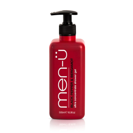 men-u BLACK PEPPER & BERGAMOT mens shower gel 500ml tank. Ultra-concentrate mens body wash - LASTS UP TO 6 MONTHS. Keeps you fresher for longer,