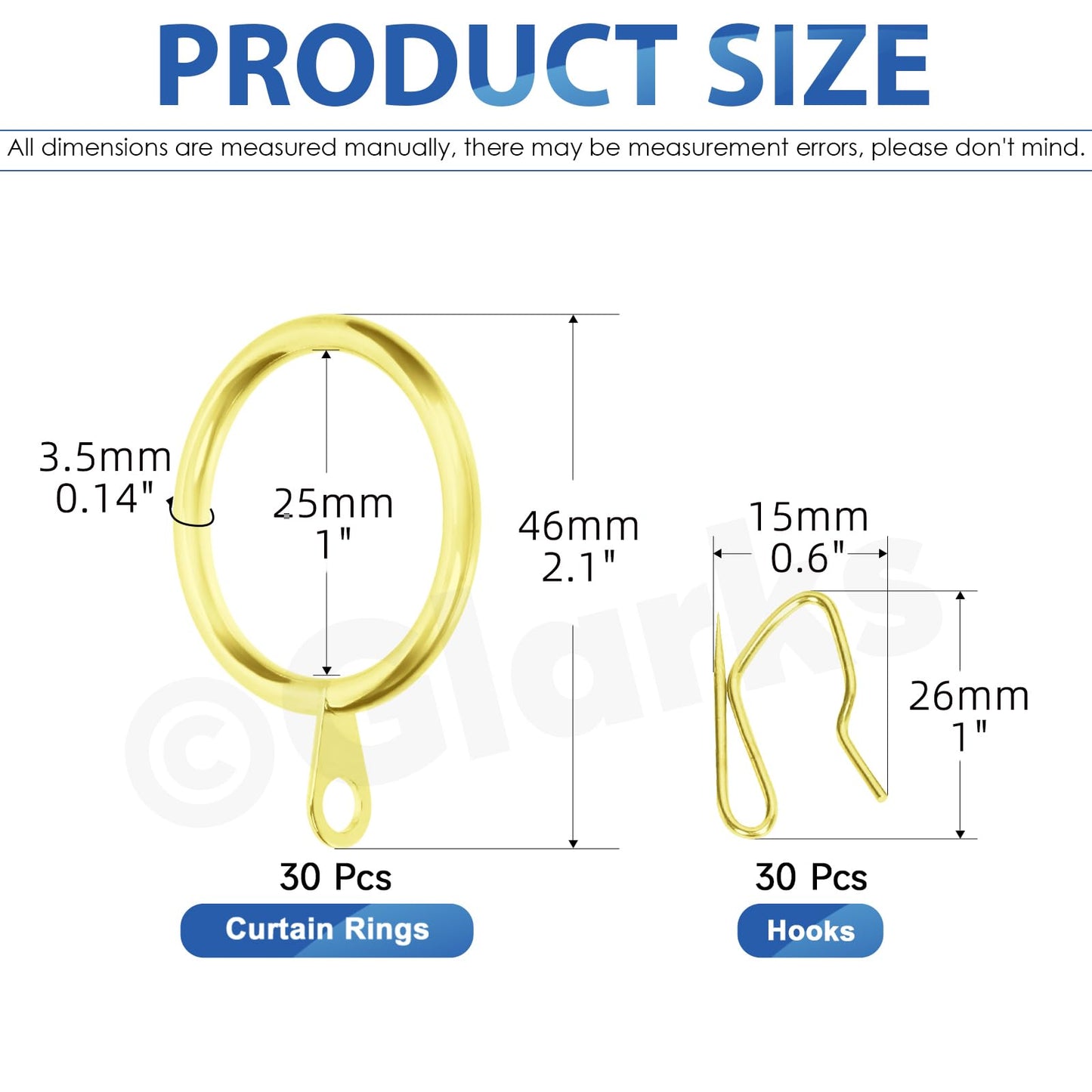 Glarks 30 Sets 25mm/1inch Golden Metal Drapery Curtain Hanging Rings Set, includes 30pcs Curtain Rings and 30pcs Drapery Pin Hooks
