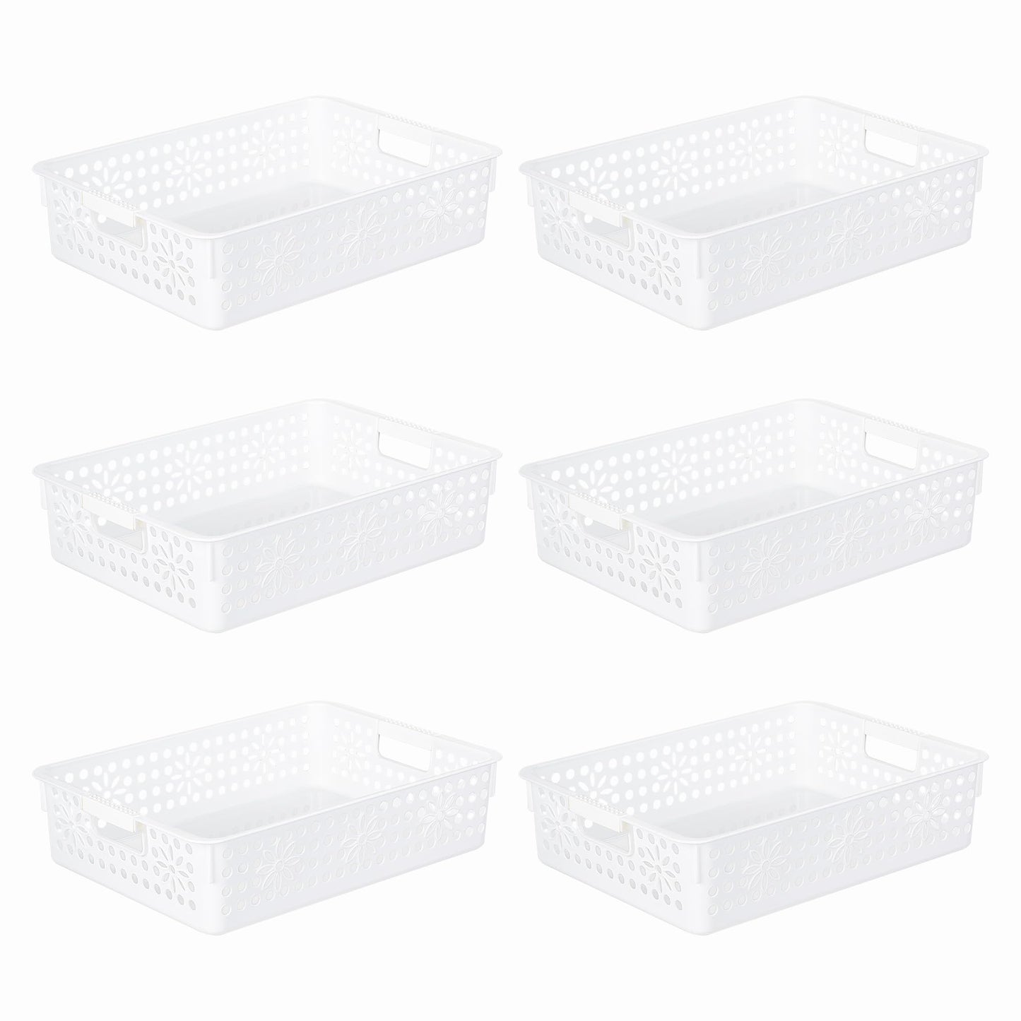 Cetomo Plastic Storage Box, Storage Baskets with Handle, Shelf Basket Organizer with Hole, Open Top Storage Bin for Home Kitchen Office, White