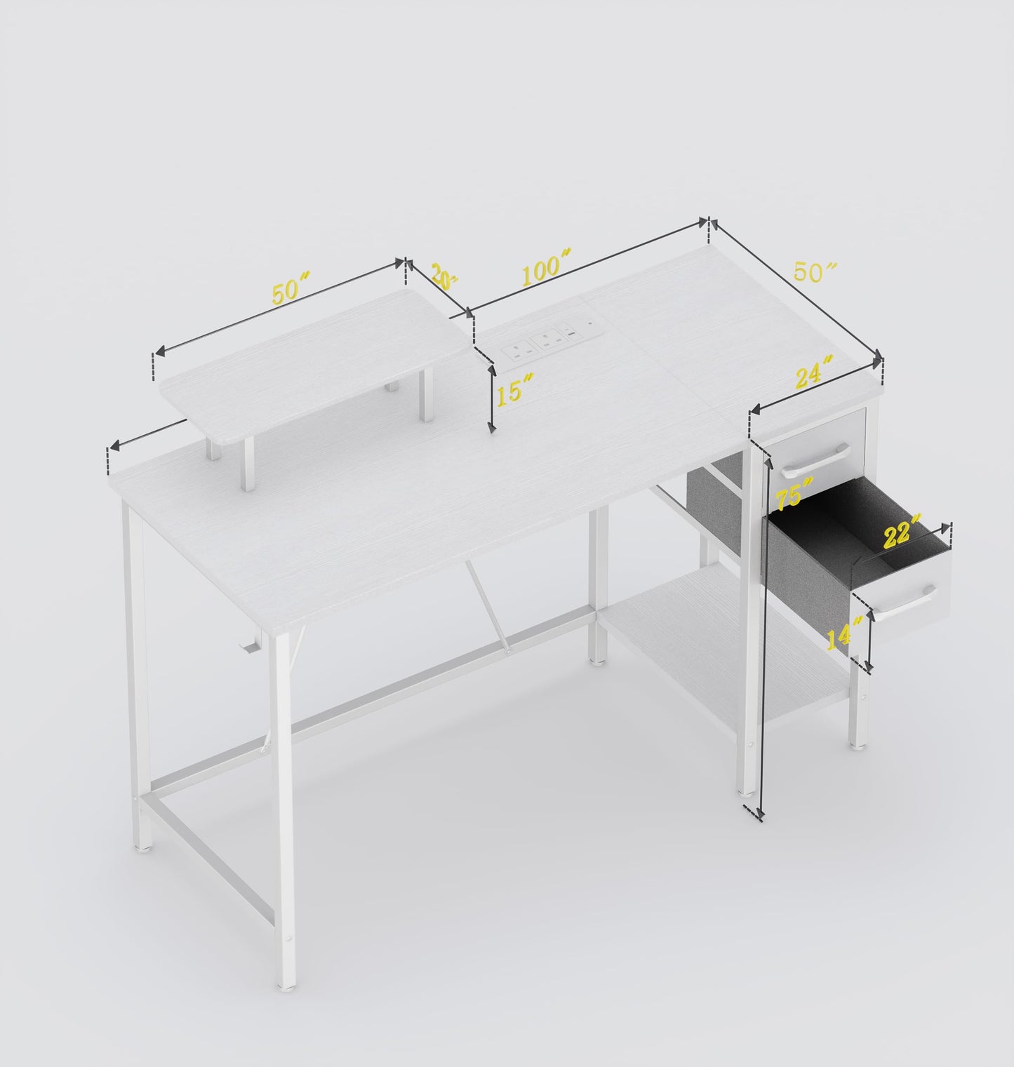 Xyphren 120cm Computer Desk with Drawers & Power Outlets, Office Desk with Storage Monitor Stand, Reversible Small Desks for Home Office Bedroom