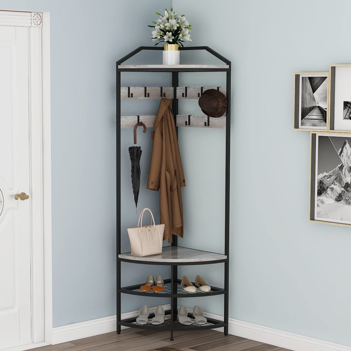 VEDECASA Corner Hall Tree Coat Rack with Shoe Bench and Storage Shelf 4-Tier Freestanding Entryway Corner Organizer with 10 Metal Movable Hooks and