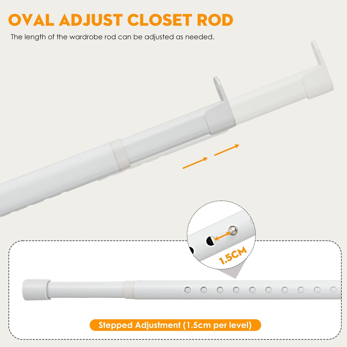 Poskena White Wardrobe Rail Extendable, 25 mm Wardrobe Pole 43-161cm