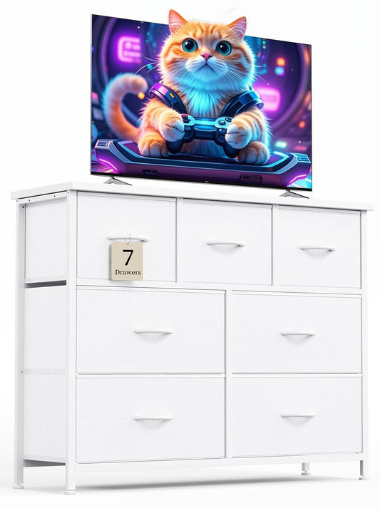 CAIYUN Chest of Drawers for Bedroom with 7 Drawers, Fabric Storage Drawer, Tall White Hallway Storage Unit
