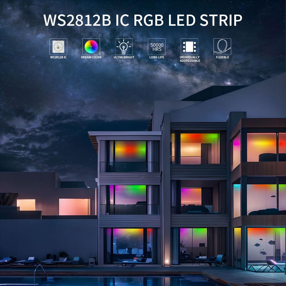 LOAMLIN WS2812B Individually Addressable RGB LED Strip 16.4FT 5050SMD Smart Flexible Dream Full Color 60Pixels/m White PCB Light IP67 Waterproof DC5V