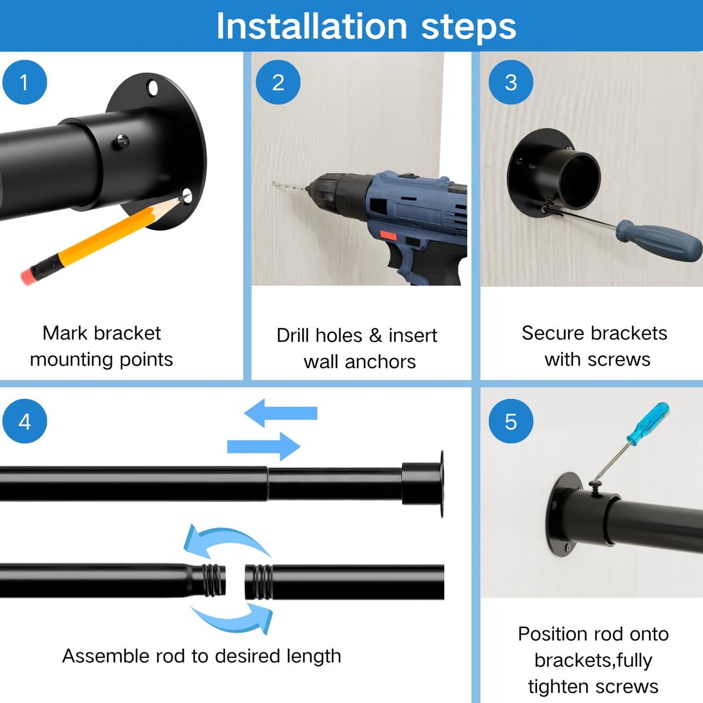 Wardrobe Rail Extendable Clothes Rail Adjustable Wardrobe Rail with Fixing Sockets and Screws for Wardrobe and Cloakroom, Black