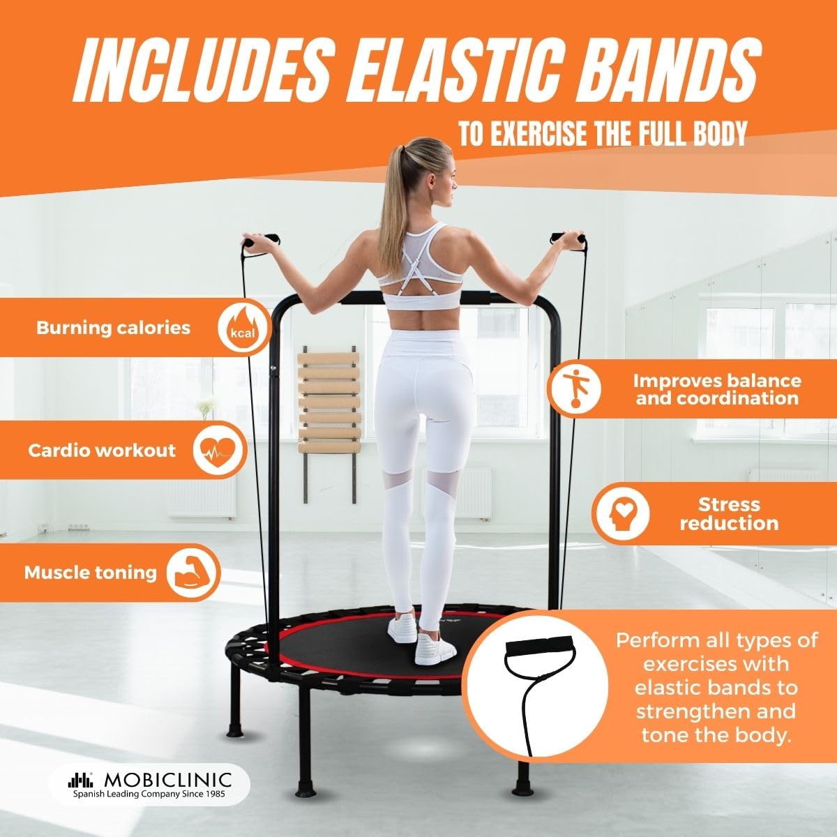 Mobiclinic?, Foldable Fitness Trampoline, 3,3 FT / 40 Inch, Indoor and Outdoor, Rebounder, Easy Assembly, 2 Resistance Bands, Mini Trampoline,