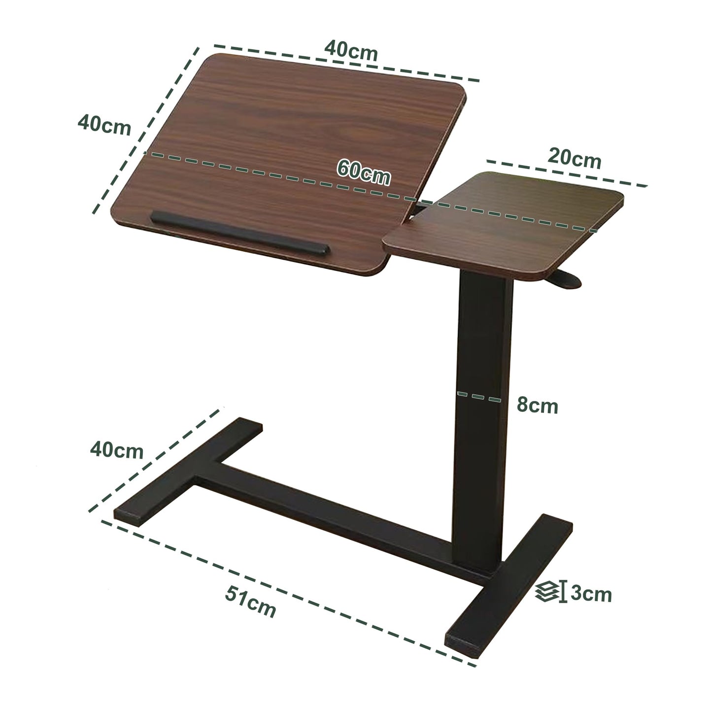 YunMeoCool C Shaped Side Table Adjustable Height with Hidden Wheels, Dual Pneumatic Lift & Tilt Top, (60x40cm) Mobile Overbed Table That Slide Under