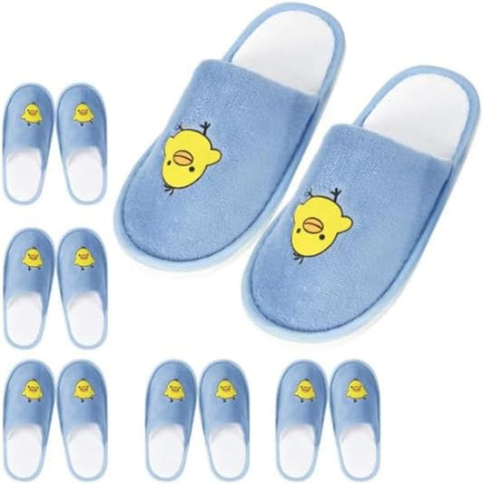 NUHUi 6 Pairs Kids Disposable Spa Slippers Age 4-8 Indoor House Hotel Kids Guest Spa Smiling Yellow Chicken Face Blue 4.5-5 Years Big Kid, blue, 4.5-5